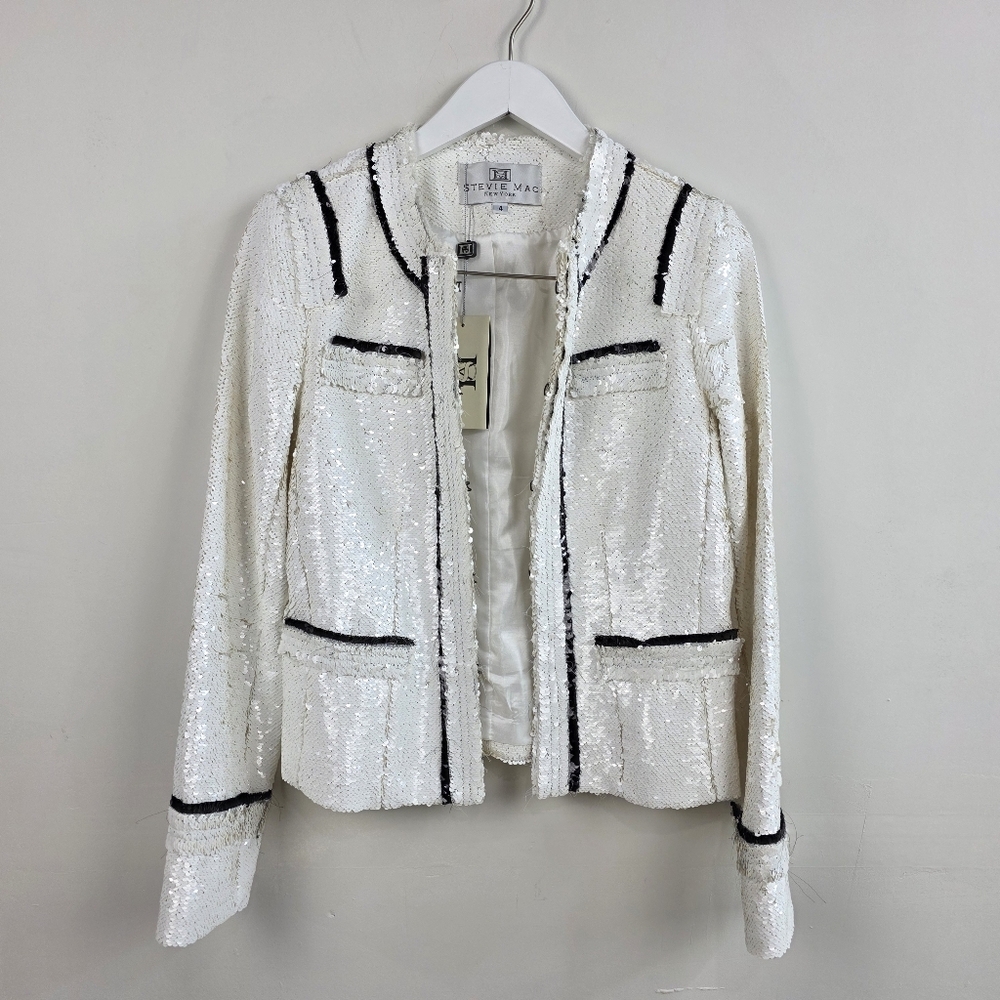 Stevie Mac White Sequin Blazer with Black Accents, Size 4